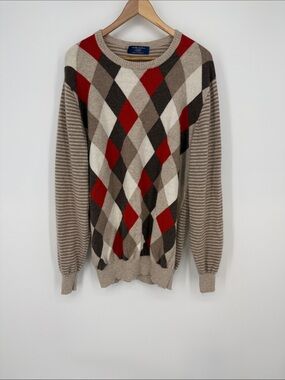 Gobi Cashmere Tan, Red & Brown Argyle Crewneck Sweater - Made in Mongolia